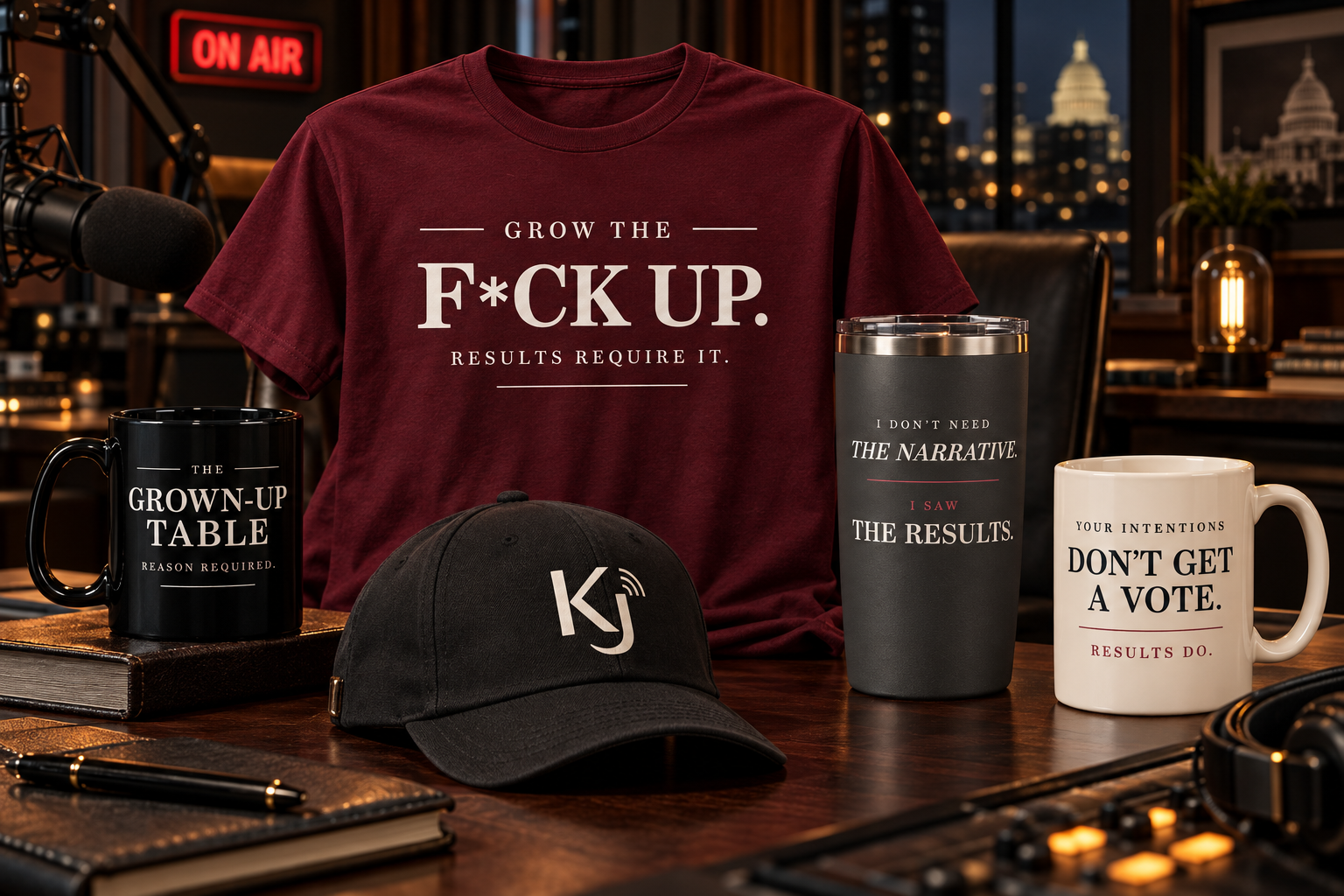 KJ Grow the F up apparel, cap, mugs and tumbler